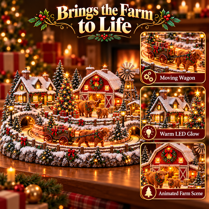 Animated Highland Cow Christmas display features
